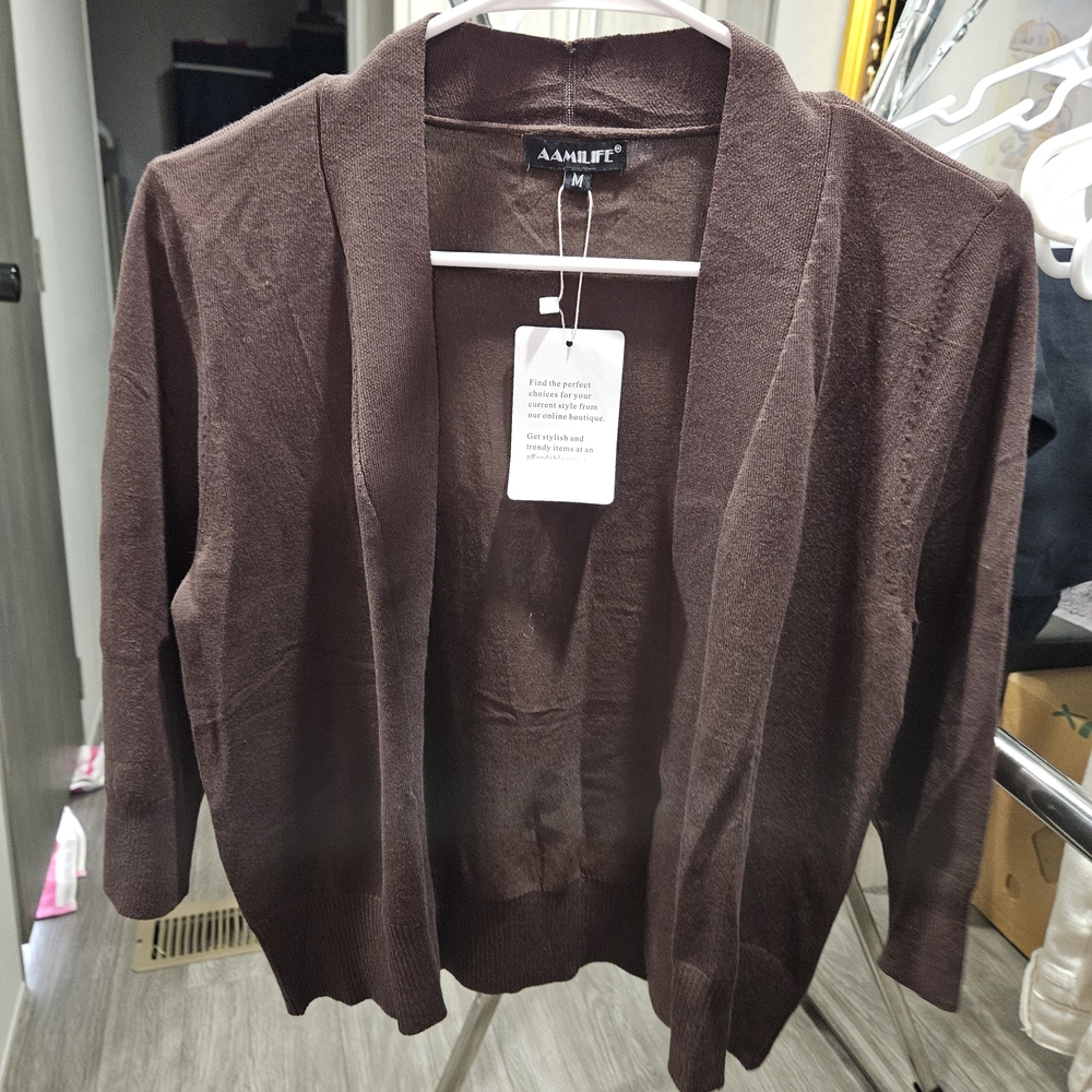 Bolero Brown Knit Cardigan Sweater Open Front Size Medium Ctopped Open Front
